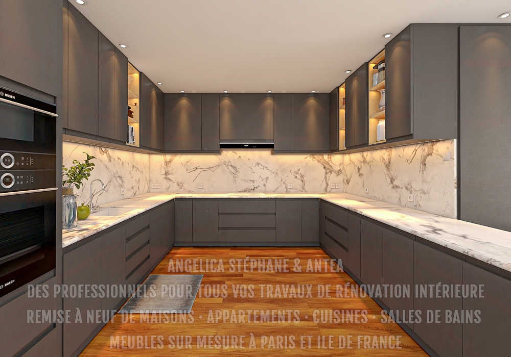 Rénovation de cuisine moderne réalisée par des professionnels et un architecte d’intérieur, pour un intérieur chic et chaleureux
