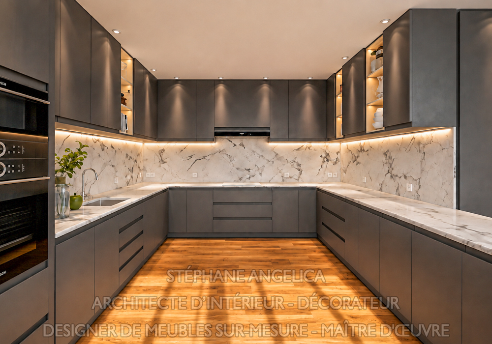 Rénovation de cuisine moderne réalisée par des professionnels et un architecte d’intérieur, pour un intérieur chic et chaleureux