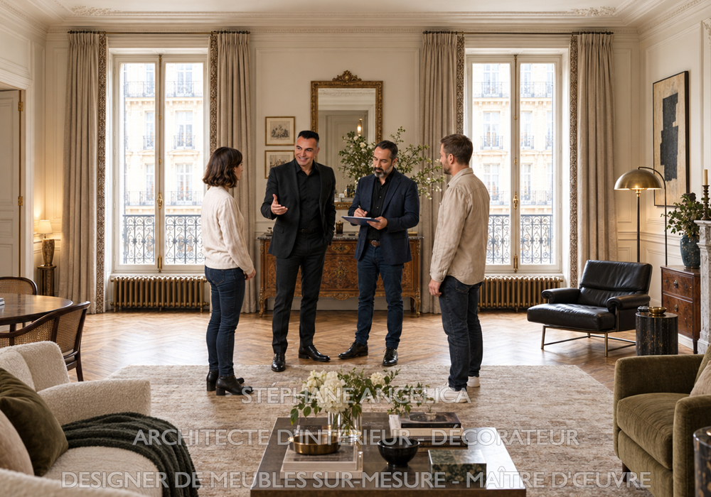Architecte d'intérieur et clients en rendez-vous conseils dans un appartement haussmannien à rénover à Paris, entreprise de rénovation Île-de-France