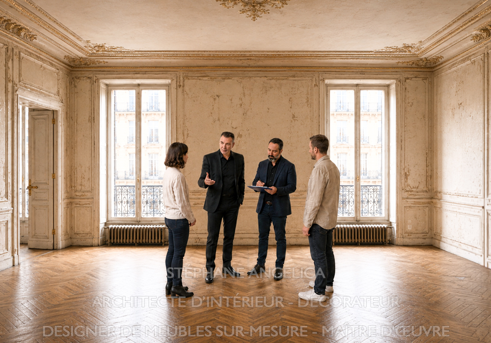 Architecte d'intérieur et clients en rendez-vous conseils dans un appartement haussmannien à rénover à Paris, entreprise de rénovation Île-de-France
