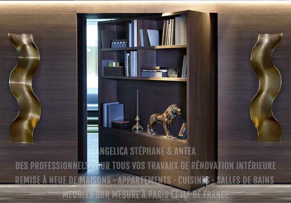 "Réalisation d'une porte cachée sur mesure, intégrée dans vos étagères, pour créer un passage secret élégant et discret"