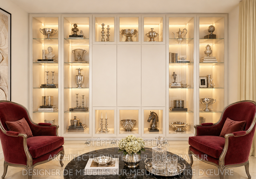 "Nous avons réalisé un meuble vitrine sur mesure, conçu pour mettre en valeur vos livres et objets de décoration avec raffinement et élégance"