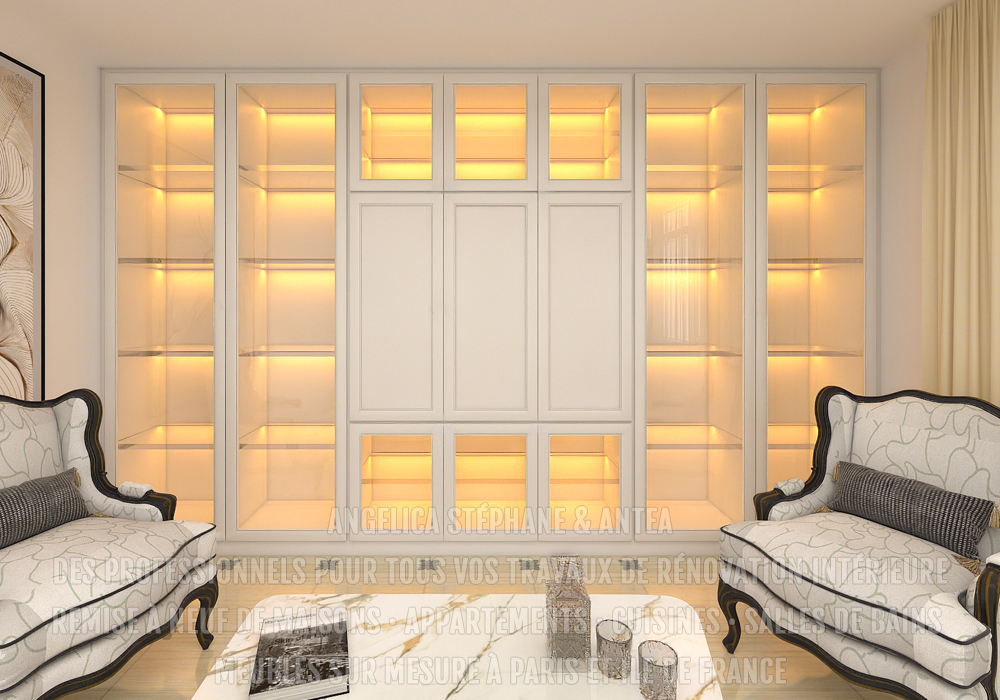"Nous avons réalisé un meuble vitrine sur mesure, conçu pour mettre en valeur vos livres et objets de décoration avec raffinement et élégance"