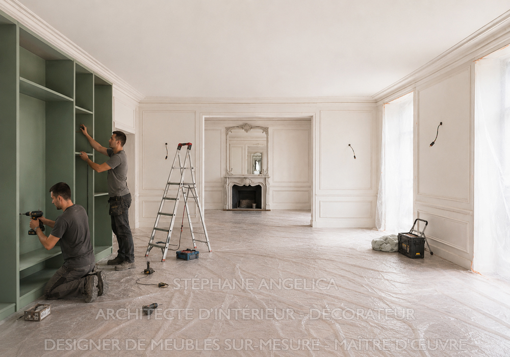 Installation d'un meuble sur mesure dans un appartement haussmannien dans le cadre d'un projet d'aménagement intérieur
