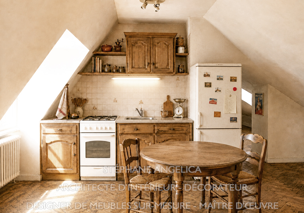 Ancienne cuisine des années 80 avant sa rénovation à Paris 16e