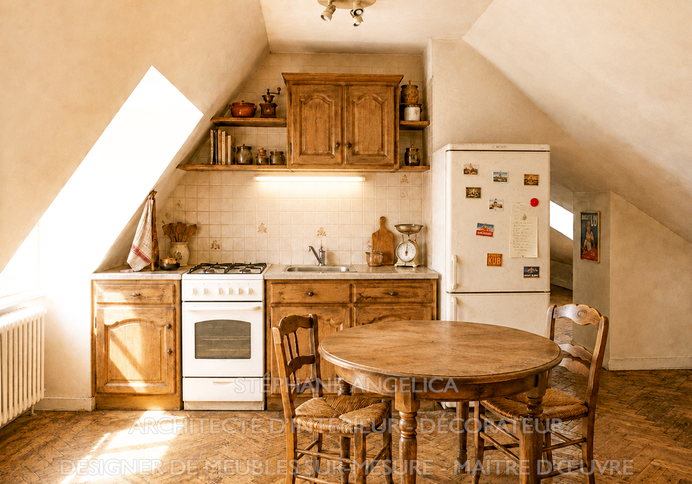 Ancienne cuisine des années 70 avant sa rénovation à Paris 16e