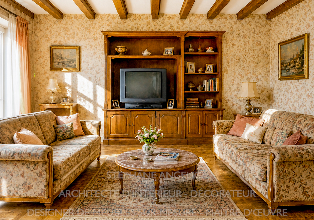 Salon et salle à manger avant travaux de rénovation avec mobilier ancien à Versailles 78