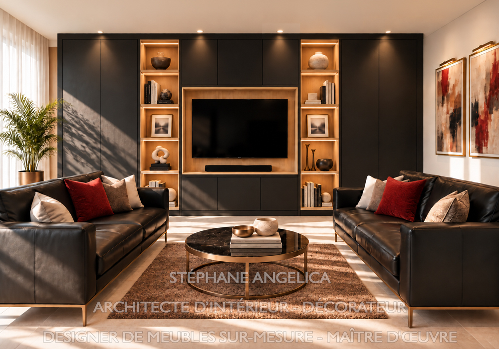 Transformation complète d’un séjour avec rangements intégrés et mobilier sur mesure à Versailles 78