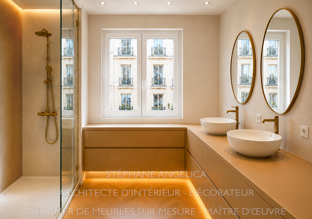 Salle de bains moderne rénovée avec douche à l’italienne et meuble sur mesure à Neuilly-sur-Seine 92